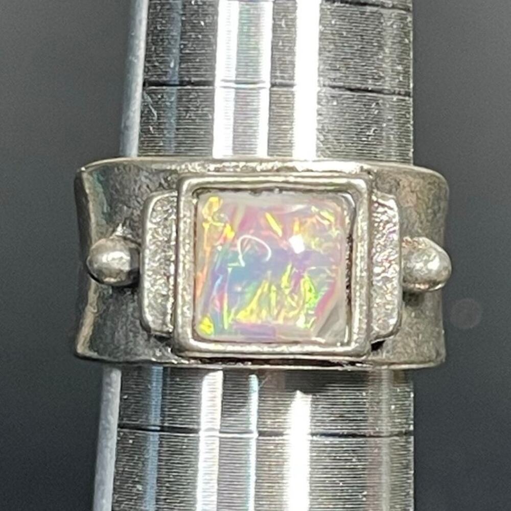 Vintage Sterling Silver Wide Band Opal Ring Square Iridescent sz 8